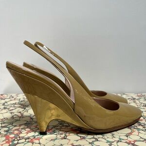 Vintage Miu Miu Tan Patent Slingback Wedge Heels